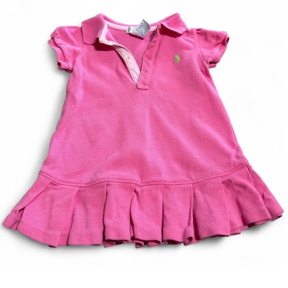 Ralph Lauren Baby Girls Pink Pique Polo Dress Ruffle Hem Green Pony 9M